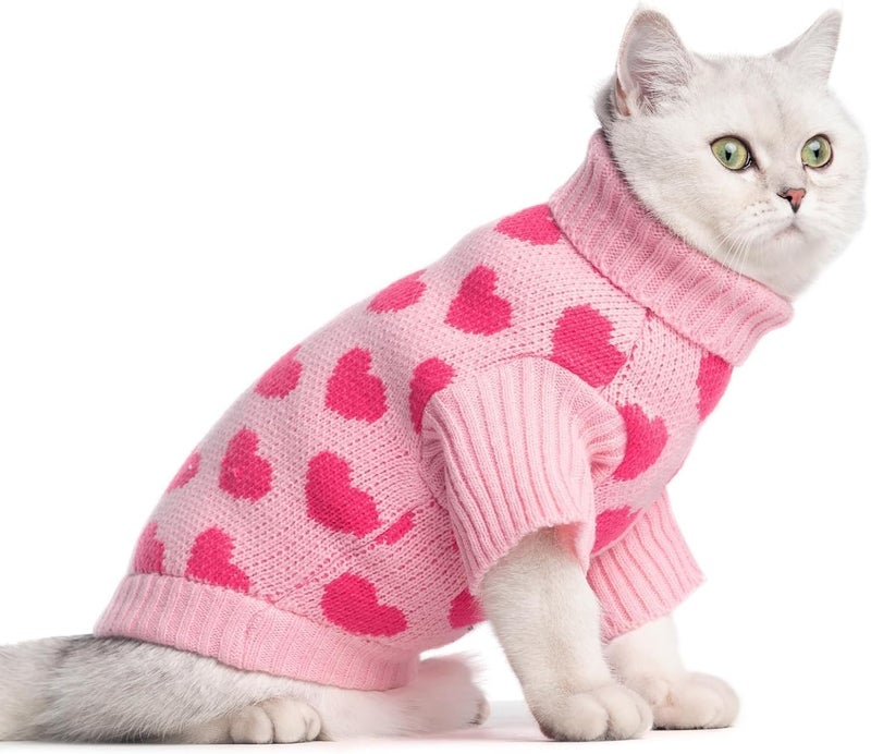 KOOLTAIL Cat Sweater Turtleneck- Soft Pink Knit Cat Sweaters for Cats Only, Heart Love Pattern Thick Warm Cold Weather Clothes, Valentine's Day Pet Outfit for Small Medium Size Kitten Puppy Girls S - Image 1